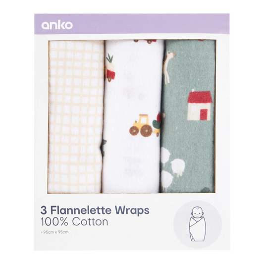3 Pack Cotton Flannelette Wraps - Farm