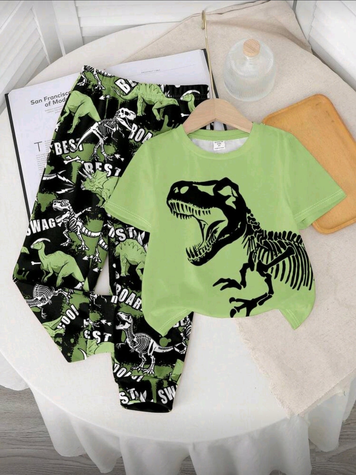 TaviRue Baby Boys Casual Style Cute Dinosaur Cartoon Animal Street Graffiti Y2K Sporty Outfit Set, Short Sleeve T-Shirt And Pants