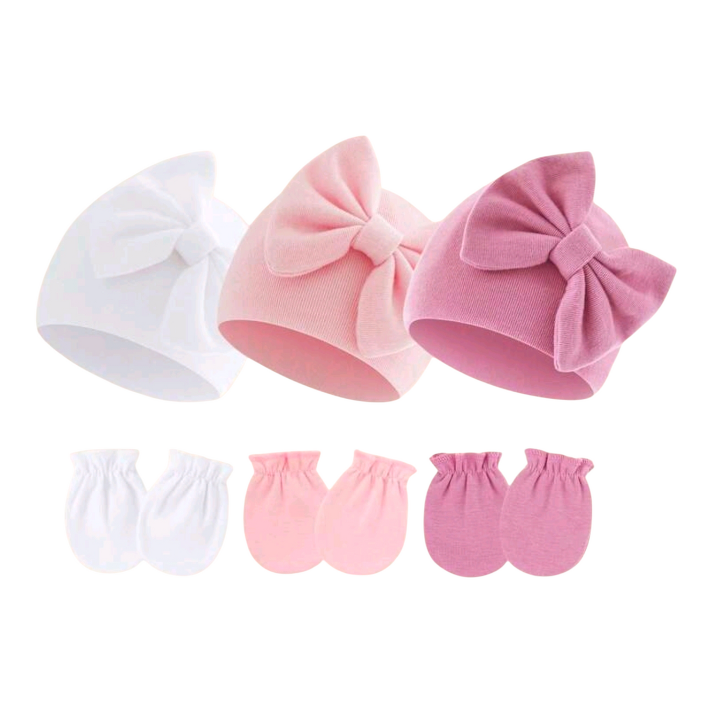 3Pcs/Set Newborn Baby Butterfly Decor Hat And Scratch Mittens, White + Pink + Deep Pink