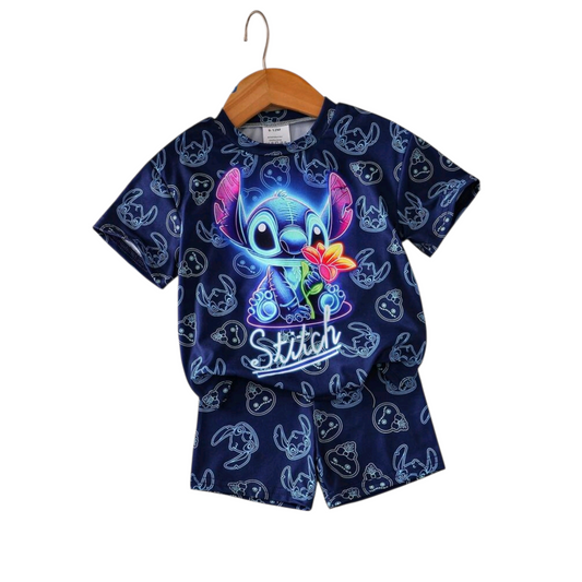 Disney Summer Baby Girls Stitch Cute T-Shirt & Shorts Set, Stitch Full Print Cartoon Pattern, Stretchy