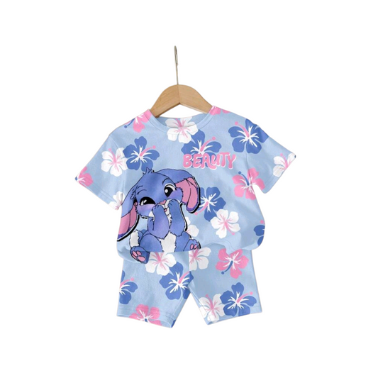 SHEIN Soft Mist Blue, Cute Cartoon Blue Rabbit Stitch, Colorful Floral Pattern Baby Girl Casual Comfortable Loose Round Neck Short Sleeve T-Shirt And Skinny Bike Shorts Set.