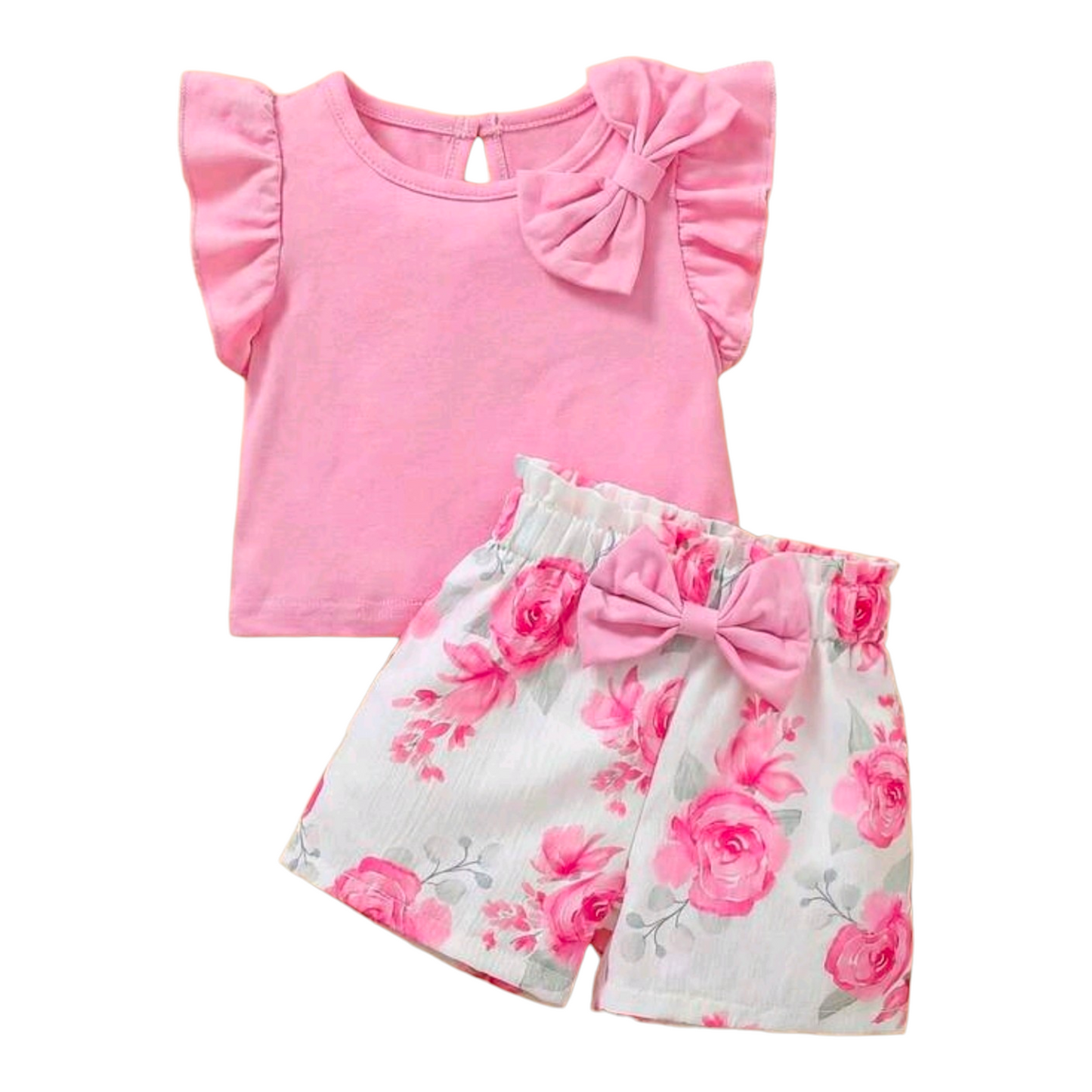 SHEIN Baby Girl Round Neck Bow Decor Puff Sleeve T-Shirt And Floral Print Shorts Casual Set