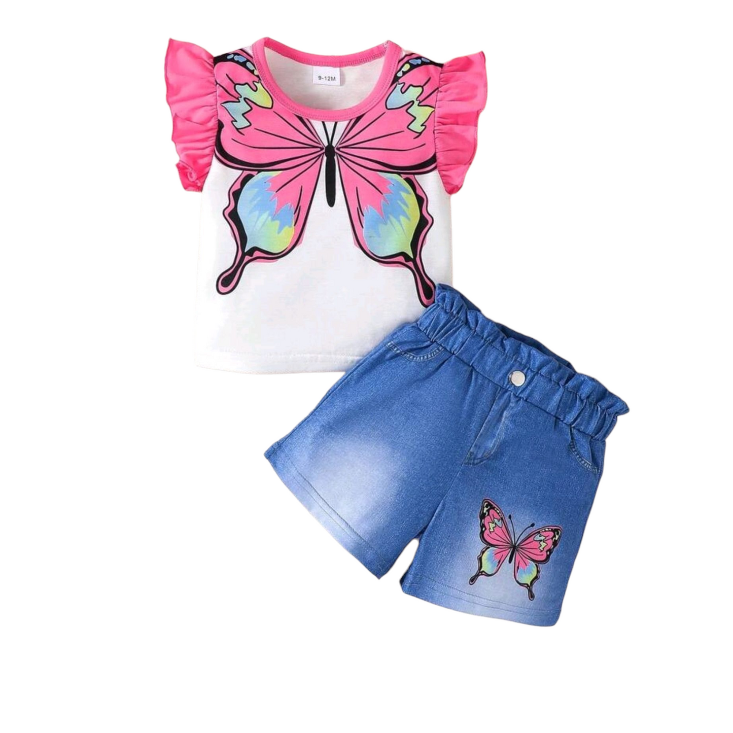 2pcs Set Butterfly Pattern Placement Print Cap Sleeve Round Neck Top + Digital Printing Butterfly Knit Shorts Cute Minimalist Suit (Non-Denim) -(size 9-12M)